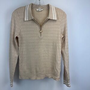 Rio & Rian Womens Beige Cable Knit Quarter Zip Sweater Medusa Medallion Size M